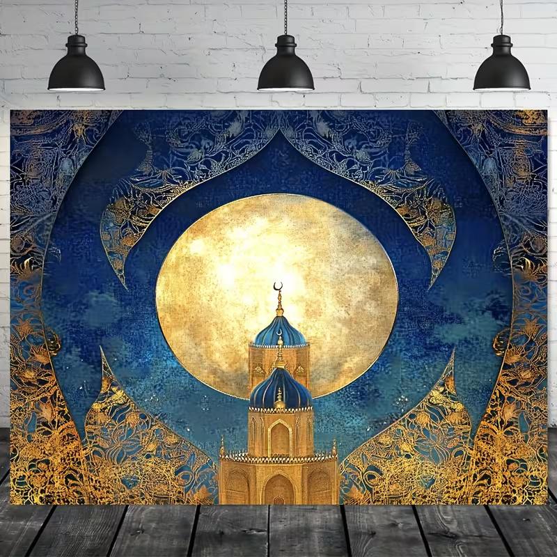 2D Muslim Festival Photo Booth Backdrop with Blue and Gold Ornate Design 47.2x31.5inch/120*80cm