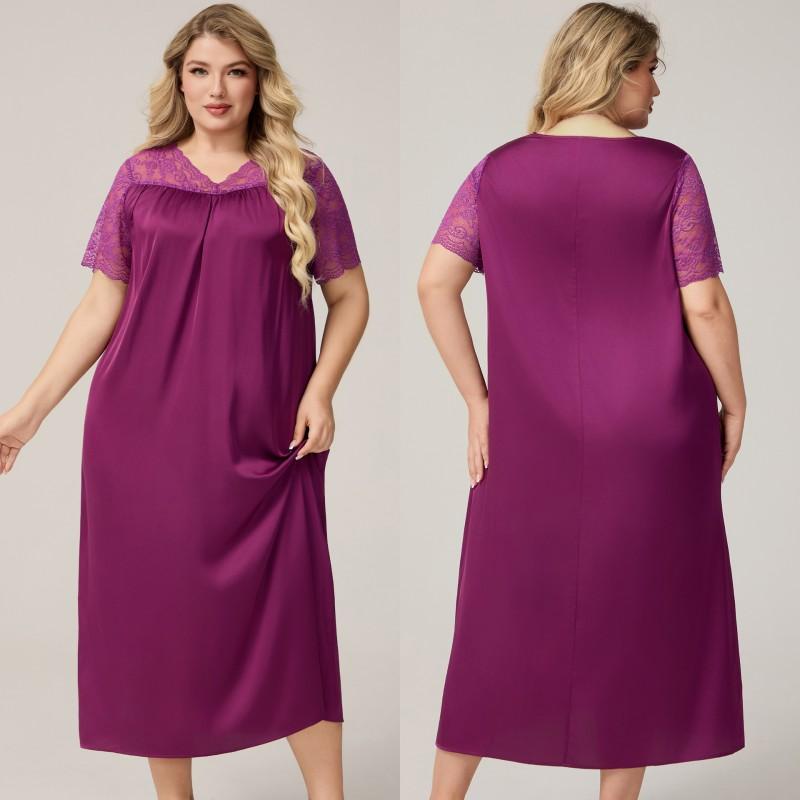 Plus Size Womens Lightweight Satin Sleep Dress V-Neck Short Sleeve Loose Nightgown Fall Home Lounge