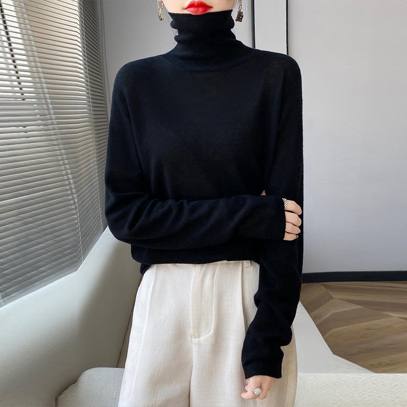 Versatile Pure Wool High Neck Solid Color Women's Slim Top for Spring & Autumn 2023
