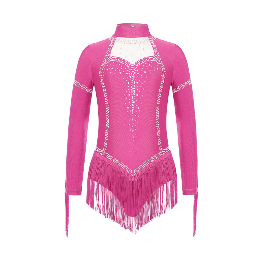 Girls Fringe Latin Dance Costume Mock Neck Long Sleeve Keyhole Back Shiny Rhinestones Tassels Leotard
