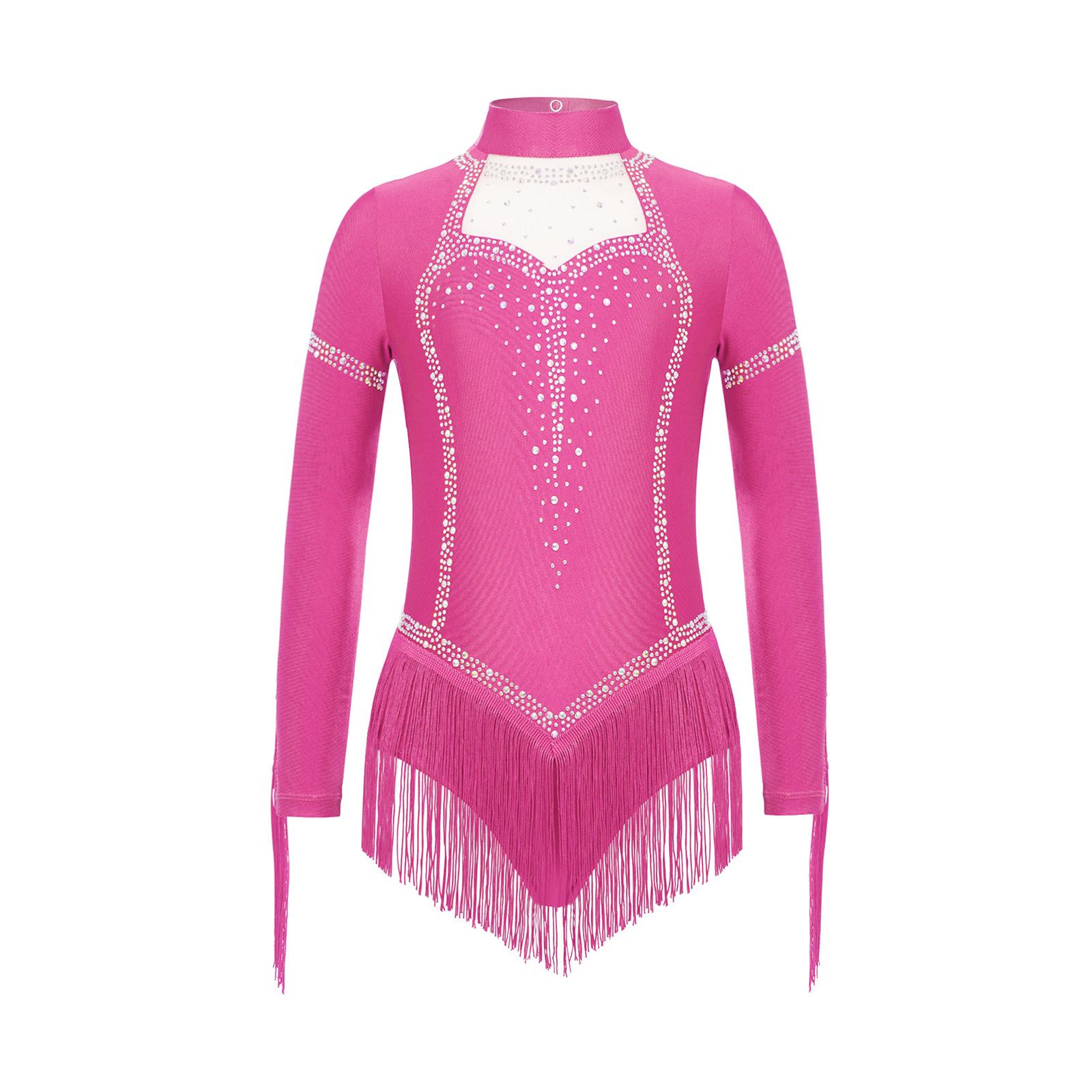 

Girls Fringe Latin Dance Costume Mock Neck Long Sleeve Keyhole Back Leotard Shiny Rhinestones Tassel Dress 5-6 Years гарячі рожевого кольору