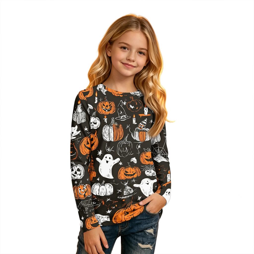 Children's Halloween Print Long Sleeve Neck T-Shirt for Boys Girls