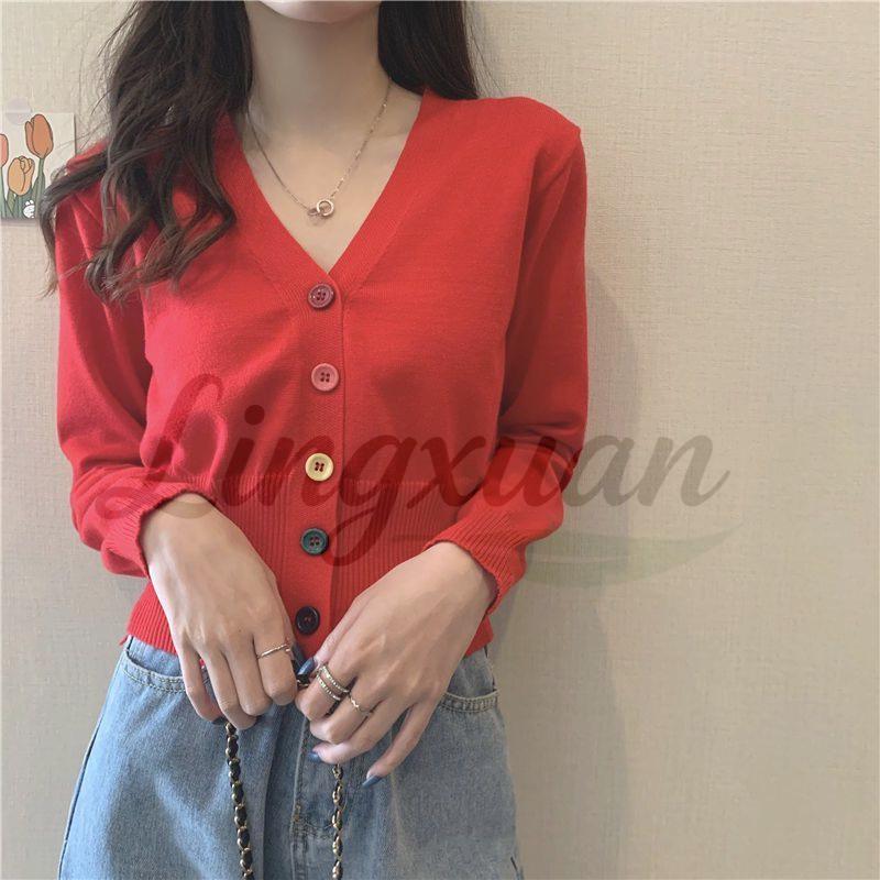 Versatile Korean V-neck Slimming Knit Cardigan - Spring/Autumn Long Sleeve Outerwear
