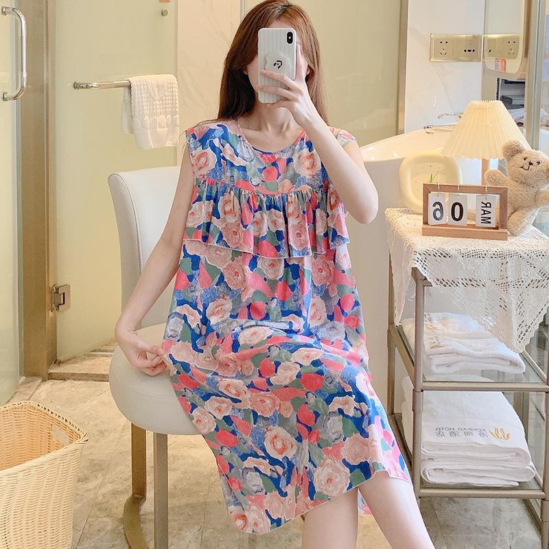 Summer Anti-bumping Print Nightdress Women's Cool Loungewear Sleeveless Cotton and Silk Large Size Artificial Cotton Loose and Comfortable Skirt