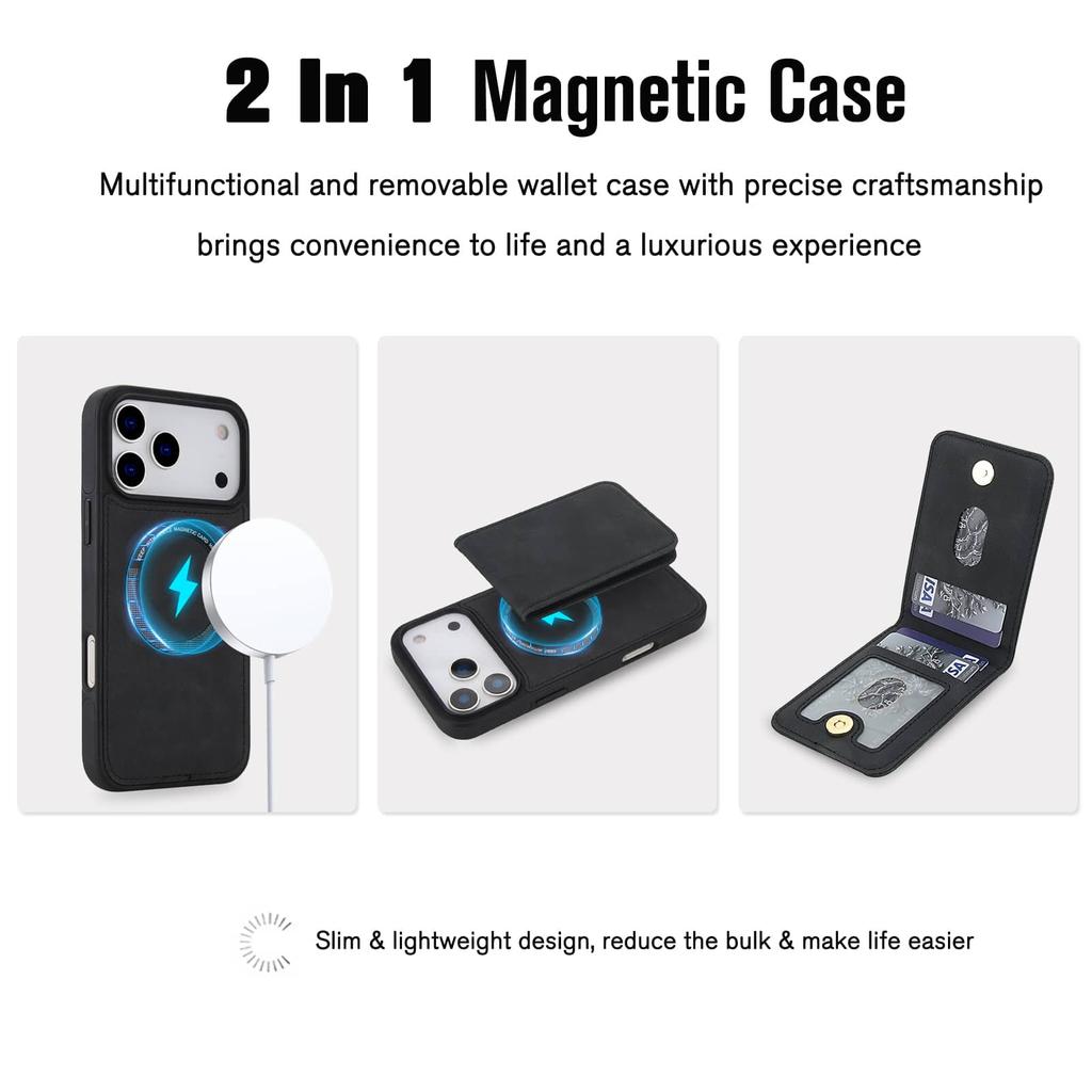 WEFOR Magnetic 2 in 1 Detachable for iPhone 17 16 15 14 13 12 Pro Max Wallet Case with Card Holder, RFID Blocking Flip Kickstand
