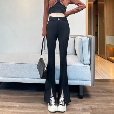 Traje Negro con Abertura para Mujer Primavera Nuevo Pantalones Slimming Ligeramente Acampanados