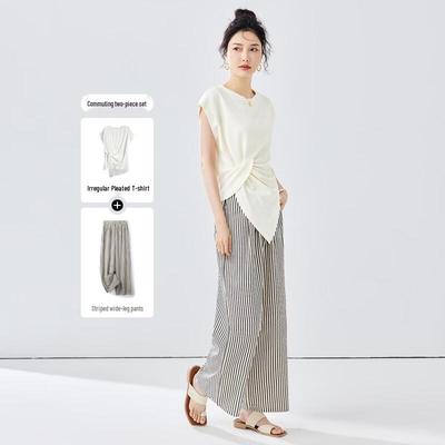 TERRE BLEUE Women's Striped T-Shirt & Wide-Leg Pants Set