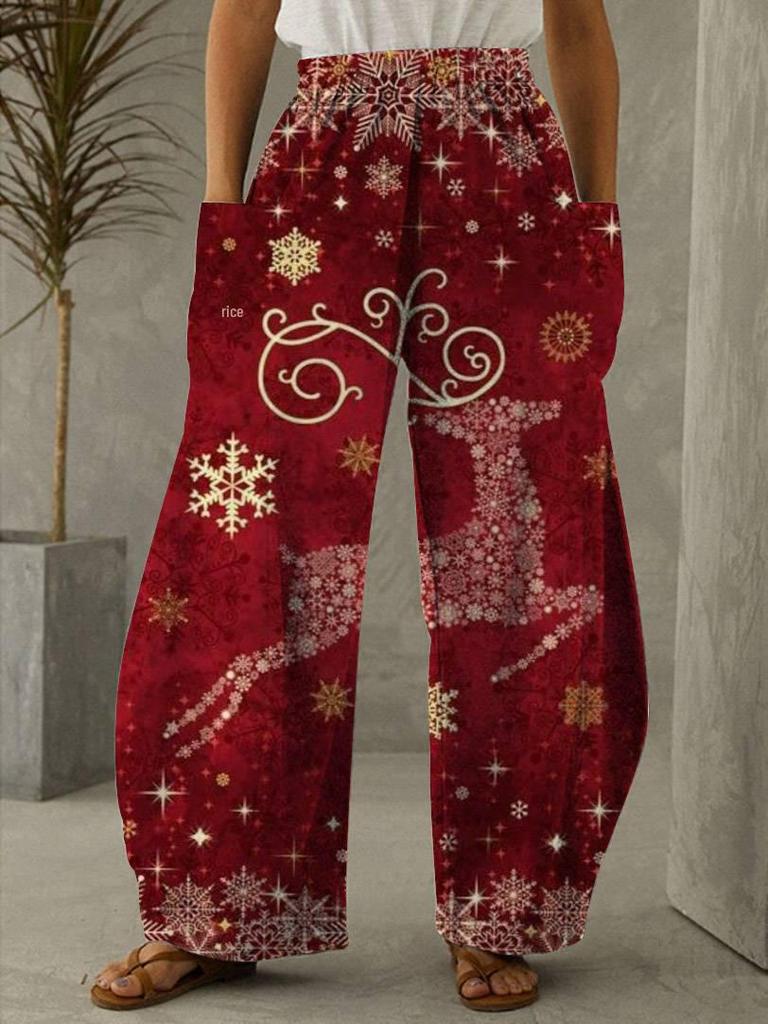 2024 Hose mit weitem Bein und hoher Taille im Weihnachts-Print und elastischem Bund im dünnen Stil