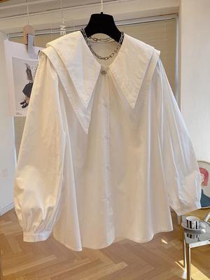 Camicia da donna retrò in stile coreano oversize, ampia, con bottoni tinta unita, revers a doppio strato, maniche lunghe