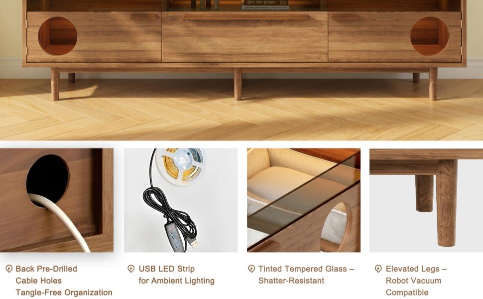 Mobile TV Moderno con Illuminazione LED, Spazio Riposo per Gatti, Ante in Vetro e 1 Cassetto (Cuscino per Gatto Non Incluso), Colore noce, 180x40x50 cm