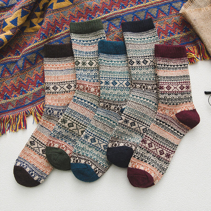 [5-Pair Set] Mirchelle Ethnic Camper Thick Long Socks 5-piece set