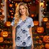 Women's V-Neck Short Sleeve Scrub Top with Pockets Halloween Print Caregiver Work Shirt