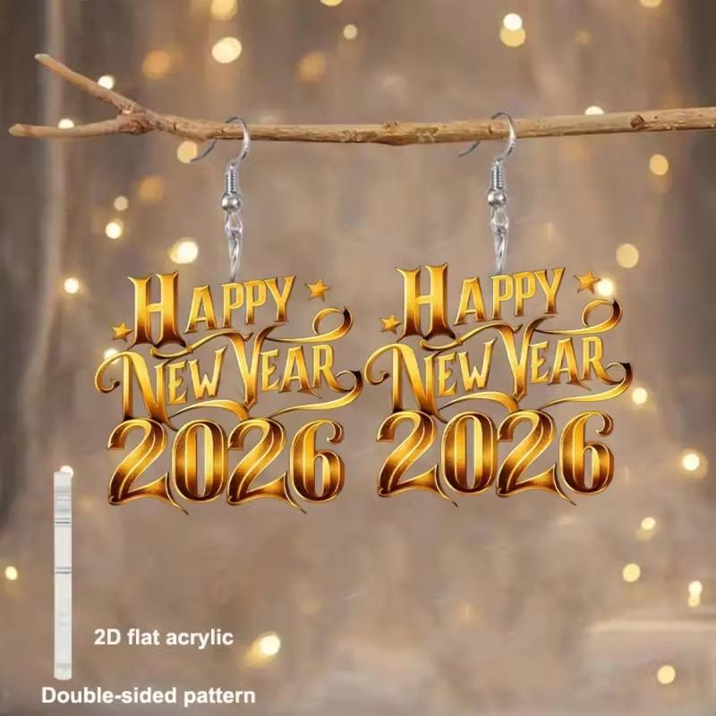 Cross-border new 2026 happy new year earrings 2D acrylic party jewelry creative gold English alphabet earrings