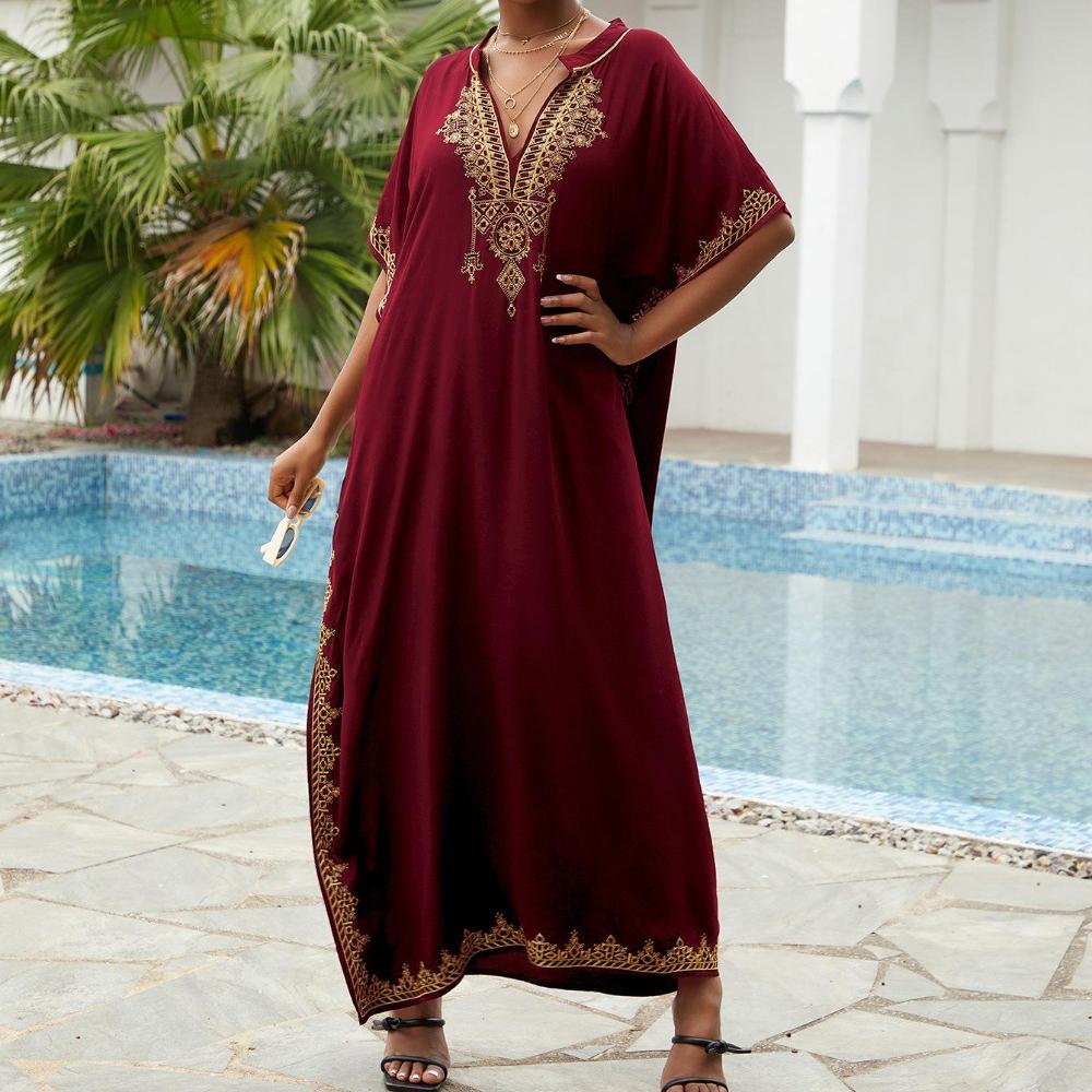 

Пляжные накидки, черные кафтаны с вышитыми цветами и воротником-стойкой для женщин, праздничные купальные костюмы больших размеров One Size