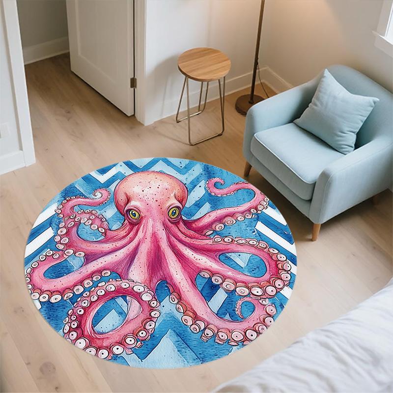 Aquarell-Oktopus,Runder Teppich,Teppich für Wohnzimmer Schlafzimmer Sofa Spielzimmer Dekor,Rutschfeste Fußmatte