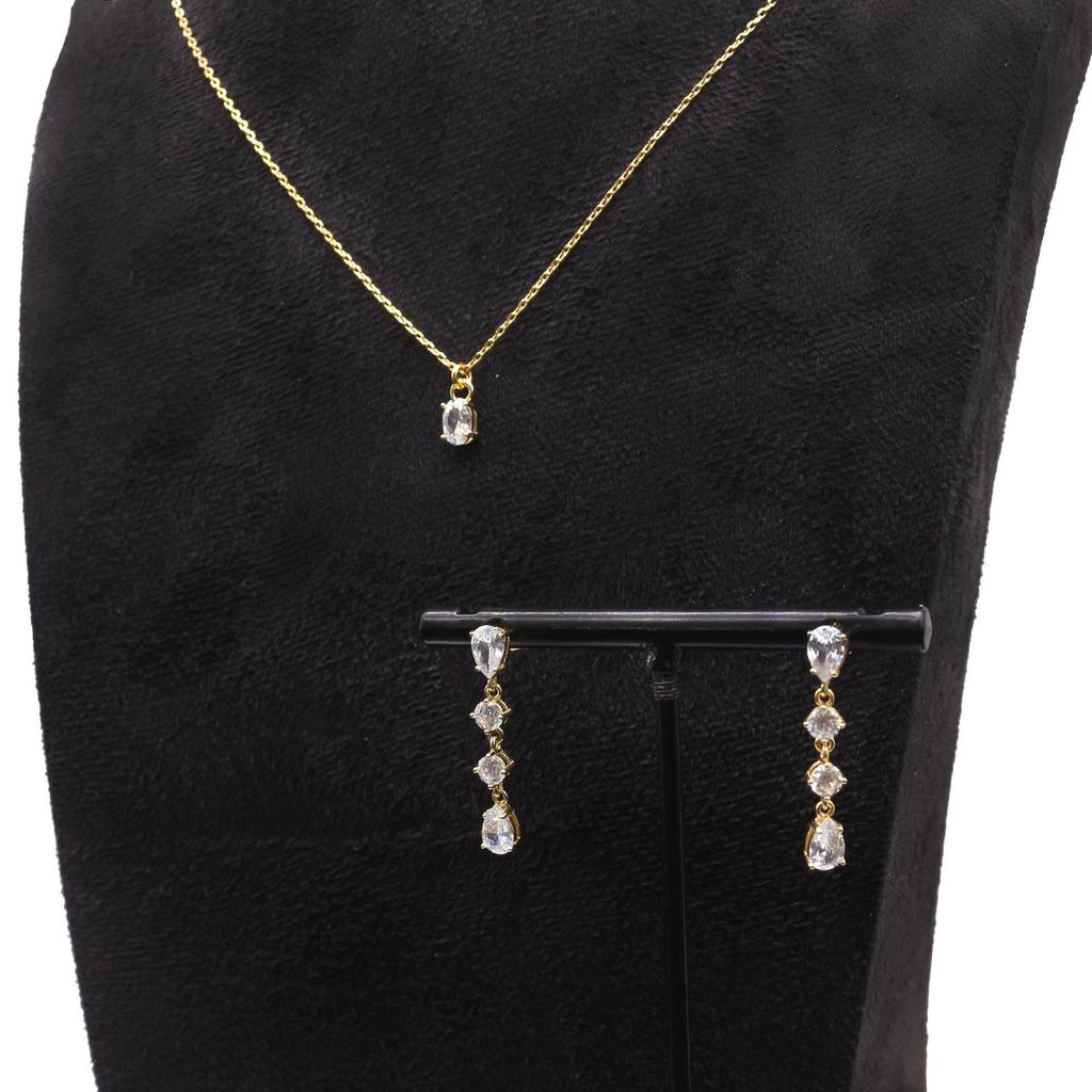 European and American Pure Silver Earrings with Rhinestone Water Drop Pendant Necklace Set for Women