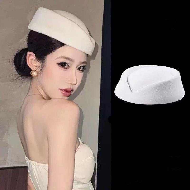 Beret Hat Caps Airline Stewardess Flight Attendant Vintage Hat Black Flat Top Hat Hair Clip Hair Accessories