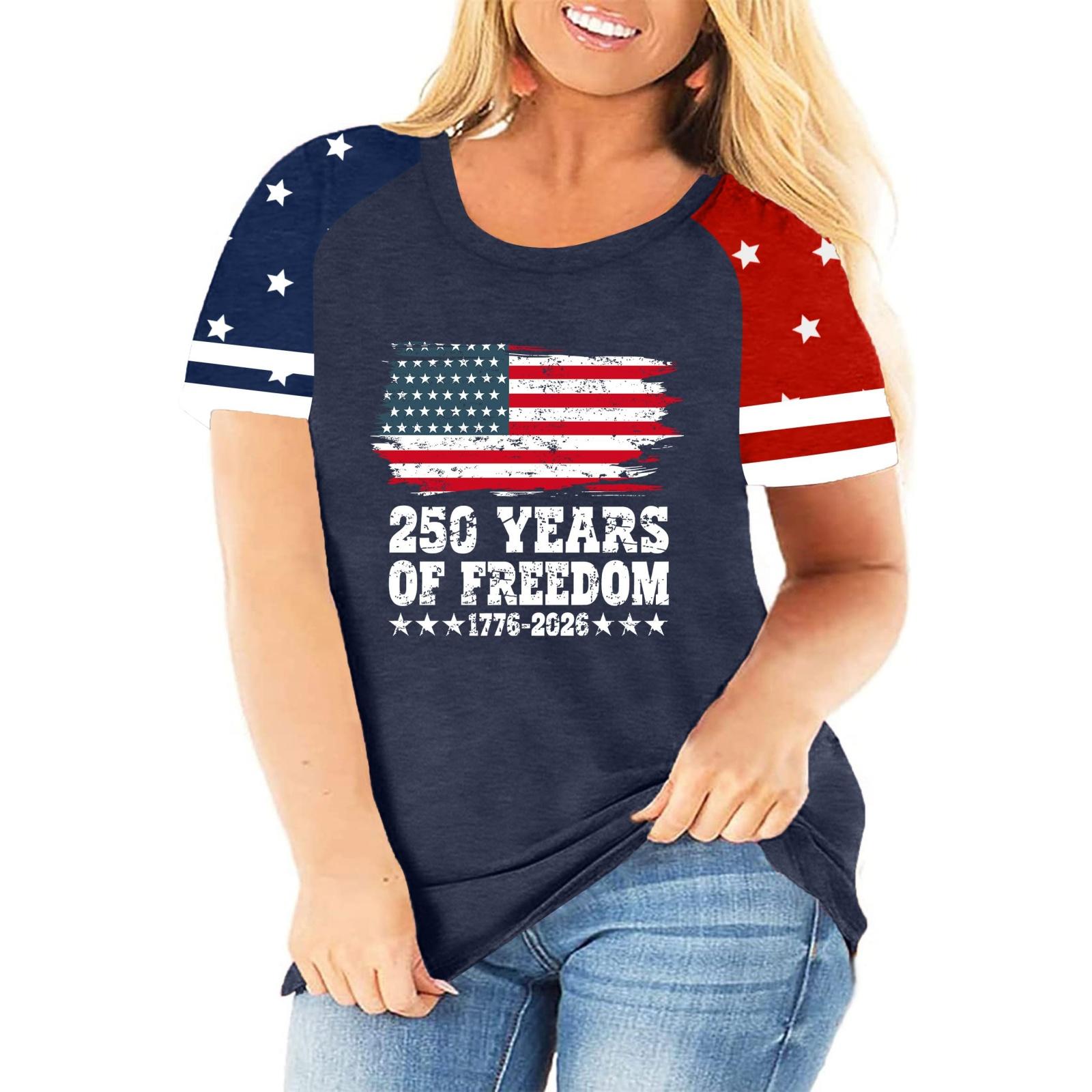 

Plus Size Womens Casual Short Sleeve Crew Neck Top with Independence Day Print Loose Fit Summer Blouse for Daily Wear L