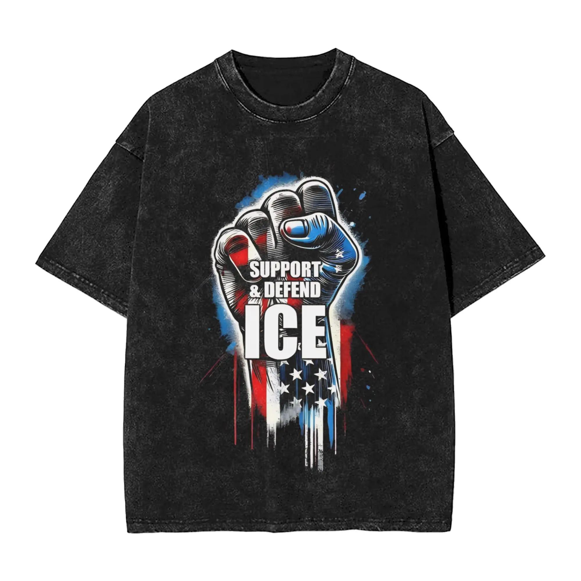 

I Support Ice Immigration Customs Enforcement Patriot Slogan Print Tshirt Women Men Vintage Washed Oversized Cotton Summer Tee S