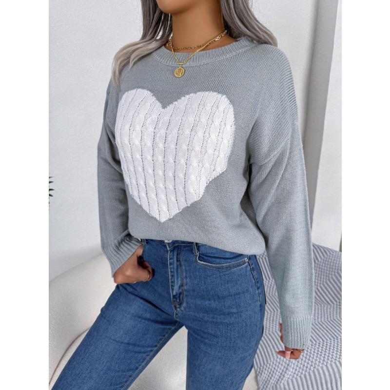 Women Fall Winter Long Sleeve Heart Pattern Crew Neck Pullover Sweater