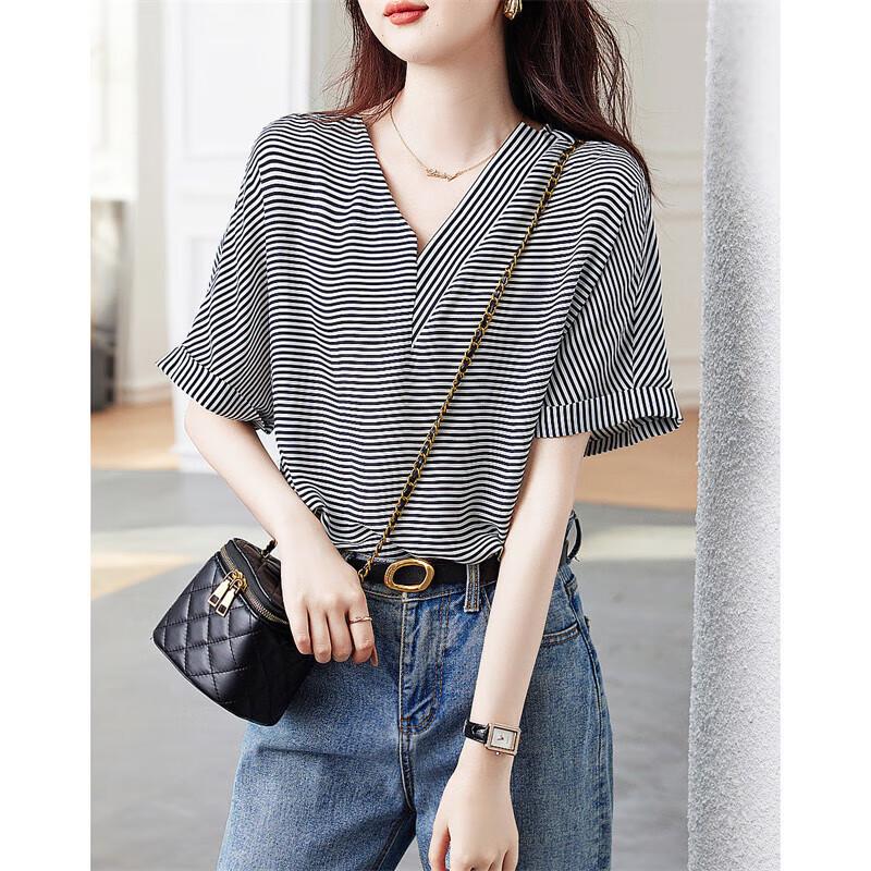 Demana (DME) Line Aesthetics Women s Lightweight Striped V-Neck Blouse M