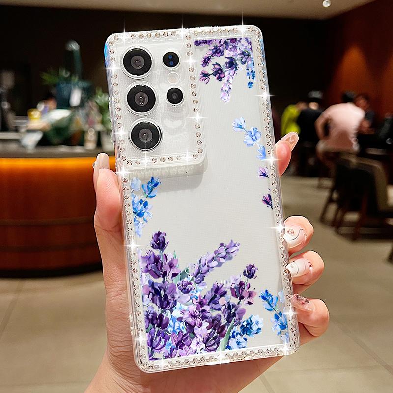 

Прозрачный чехол для телефона с цветочным принтом для Samsung S25 Edge S24 FE S23 Ultra A56 A36 A16 A15 A55 с блестящей ромбовидной рамкой, противоударный чехол-бампер из мягкого силикона Samsung A56