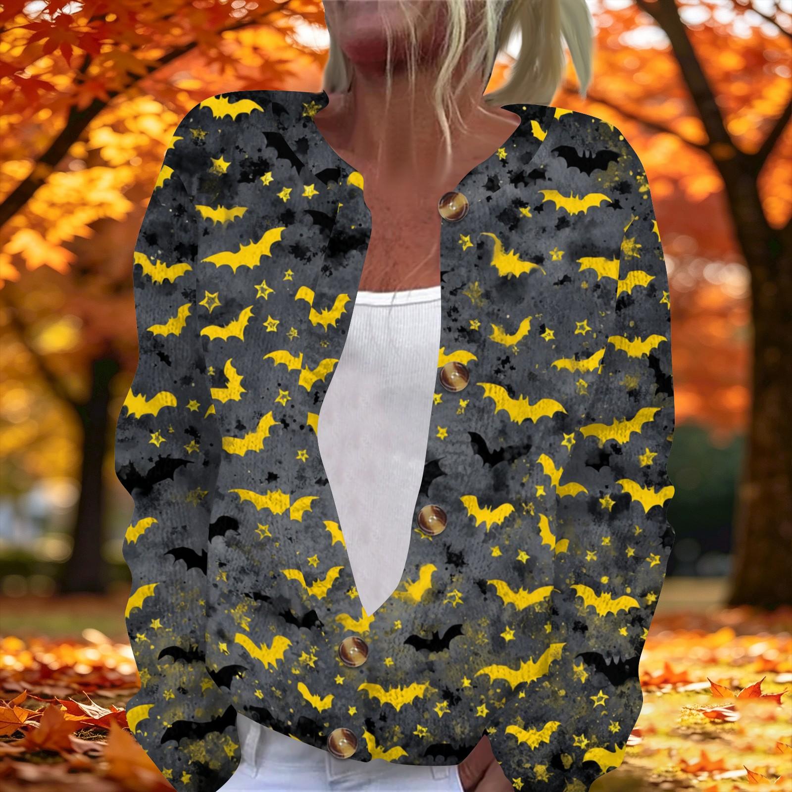 Women s Long Sleeve Knit Cardigan with Halloween Print Button Front for Fall Party L