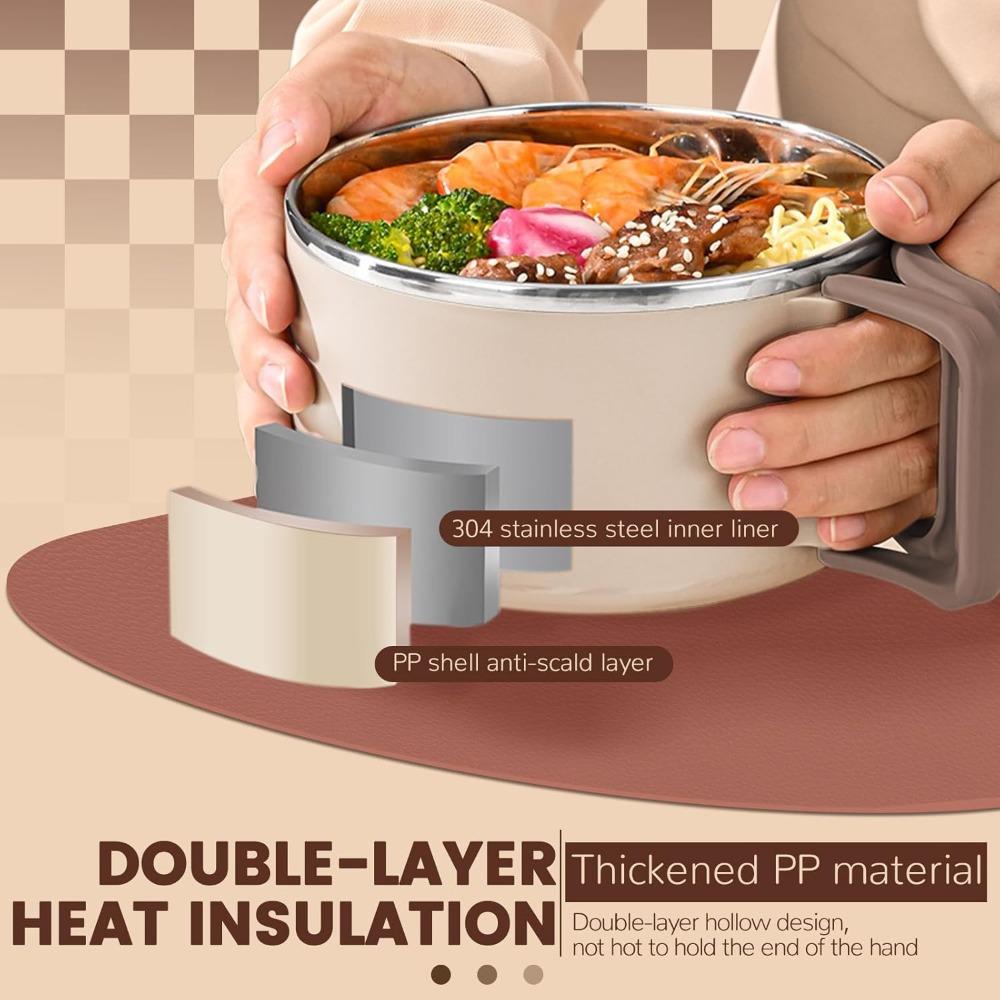 Lidded Handle Ramen Bowl with Stainless Steel Inner Container Microwave Safe Lunch Box for Instant Noodles Cooking Device