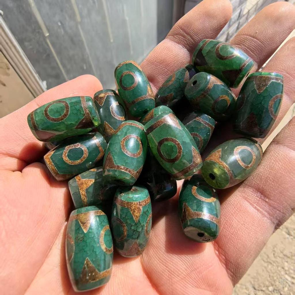 Natural Agate Tibetan Green Three-Eyed Dzi Beads, 15×22mm Barley Offering, Loose Jewelry Accessory