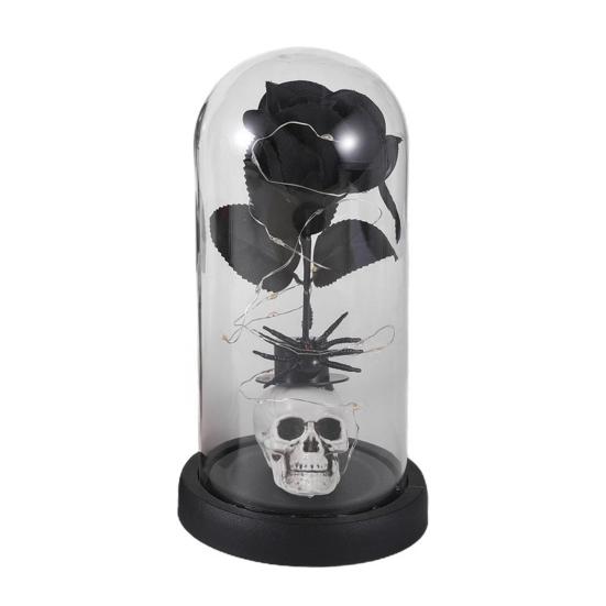 Preserved Black Roses in Glass Dome Halloween Light-up Eternal Flower in Cloche with Skull Pumpkin Statue for Home Kitchen Mantel Tabletop Decor