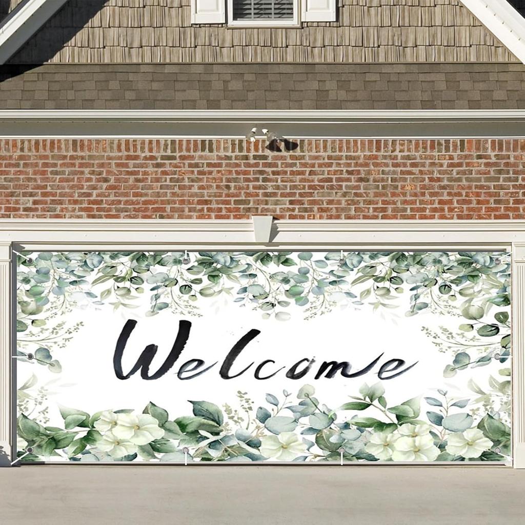 CSFOTO 7x16 stóp Baner Dekoracyjny Drzwi Garażowe z Motywem Witamy Wiosenne Rośliny Liście Dekoracja Garażu Tło Zielone Liście Eukaliptusa Duże Drzwi Garażowe