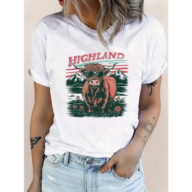 Highland Cow Print T-shirt, Short Sleeve Crew Neck Leisure T-shirt For Spring & Summer, Women's Clothing