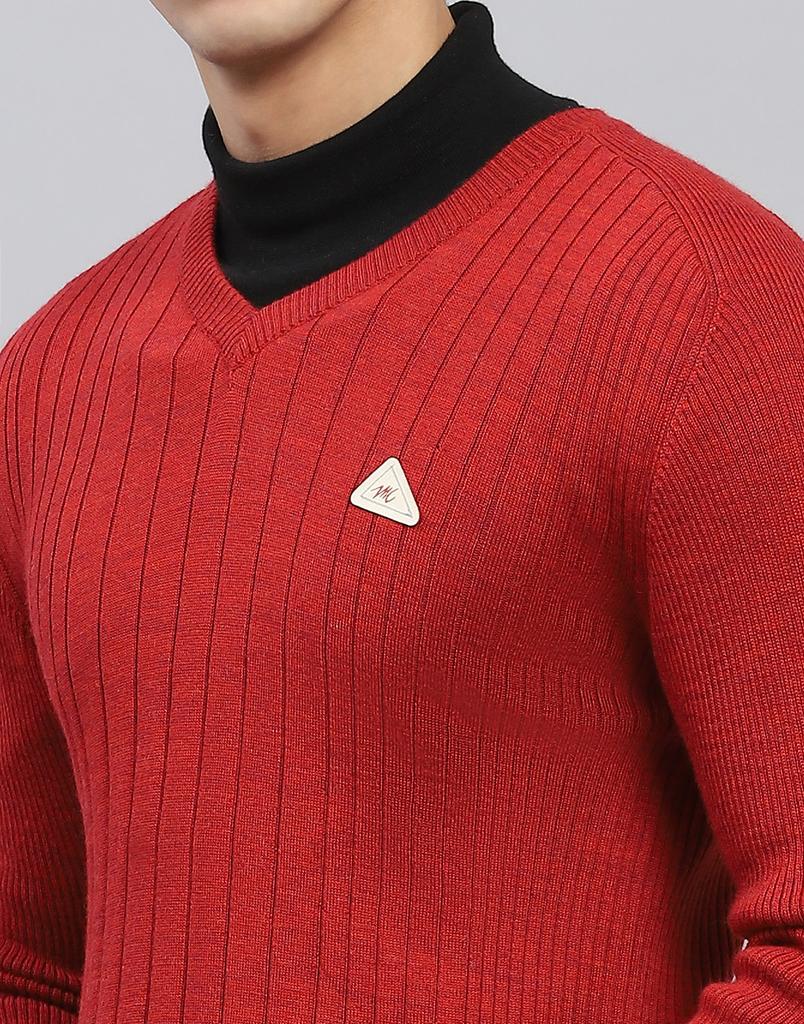 MONTE CARLO Mens Maroon Solid V Neck Full Sleeve Pullover