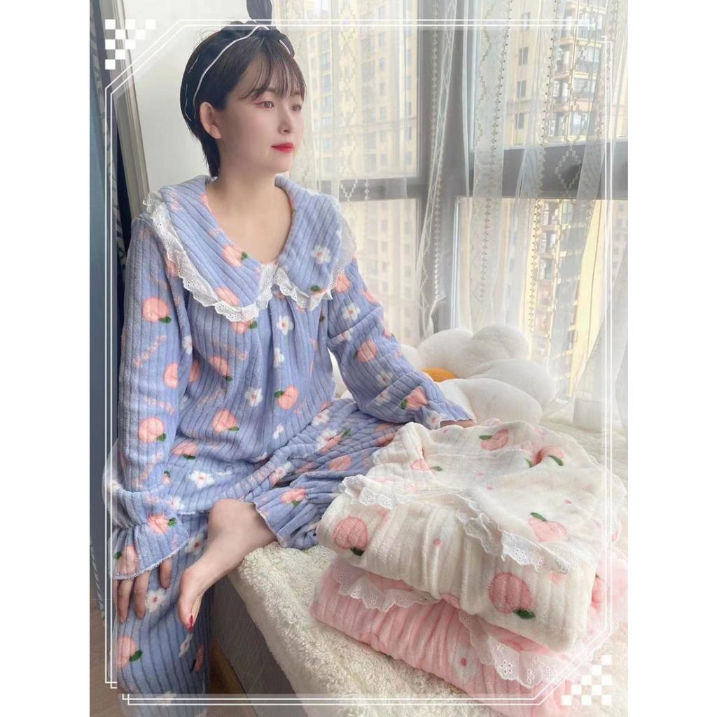 Autumn and Winter Coral Fleece Pajamas for Women, Thick and Warm Flannel Long Home Wear, Fashionable Plus Size Cardigan Set