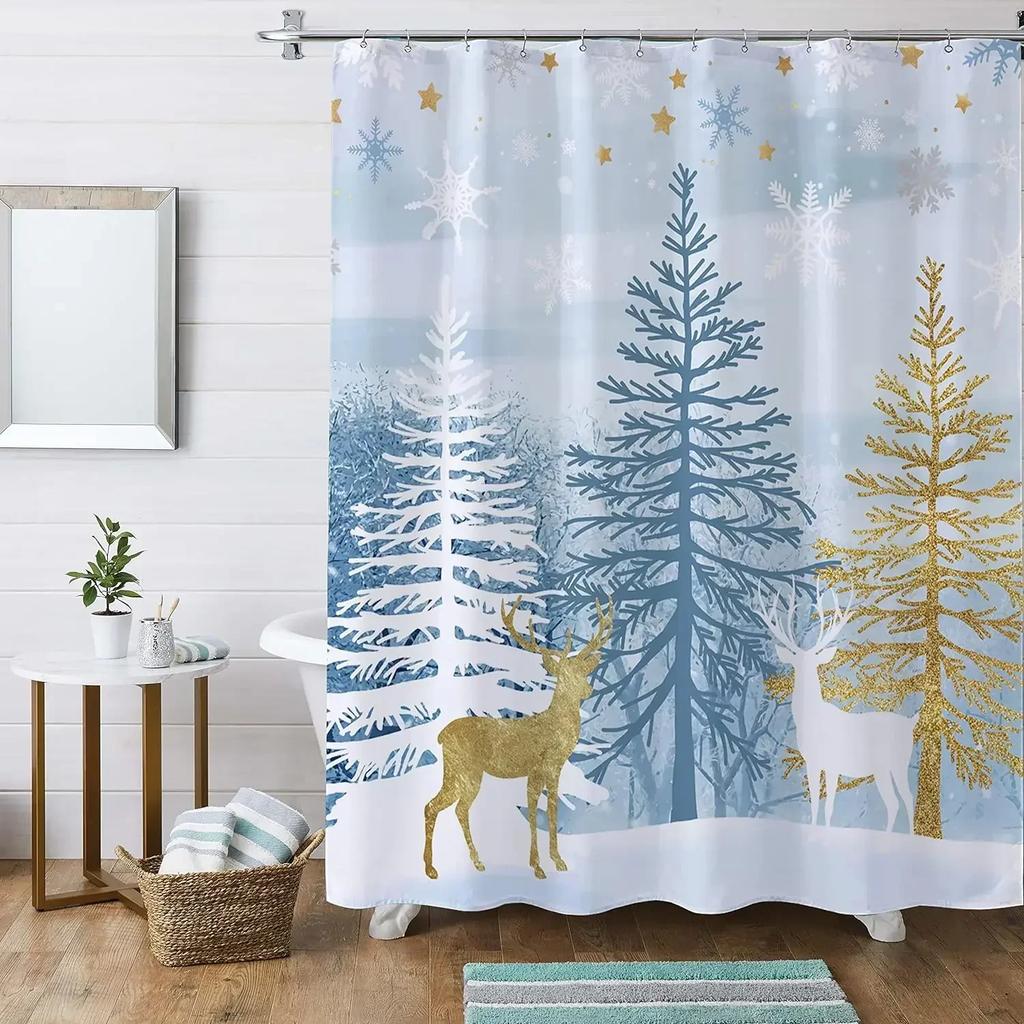 Winter Forest Shower Curtains Snow-Covered Pine Alpine Peaks Idyllic Early Morning Scenery Seasonal Christmas Elk Bathroom Decor