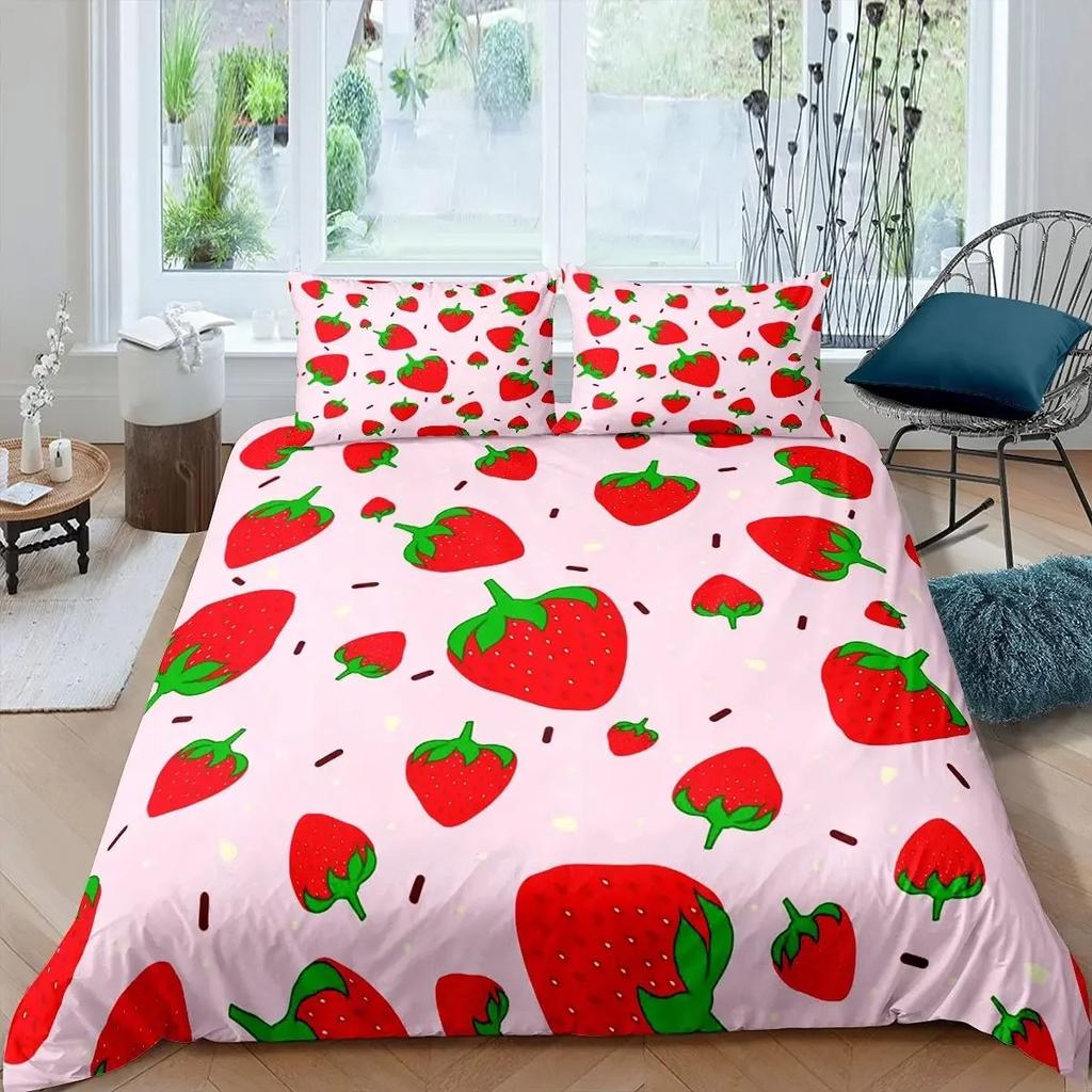 Strawberry Duvet Cover Set Girl King Size Comforter Cover Set Red Strawberry Bedding Set Food Fruit Quilt Cover for Kids Gift