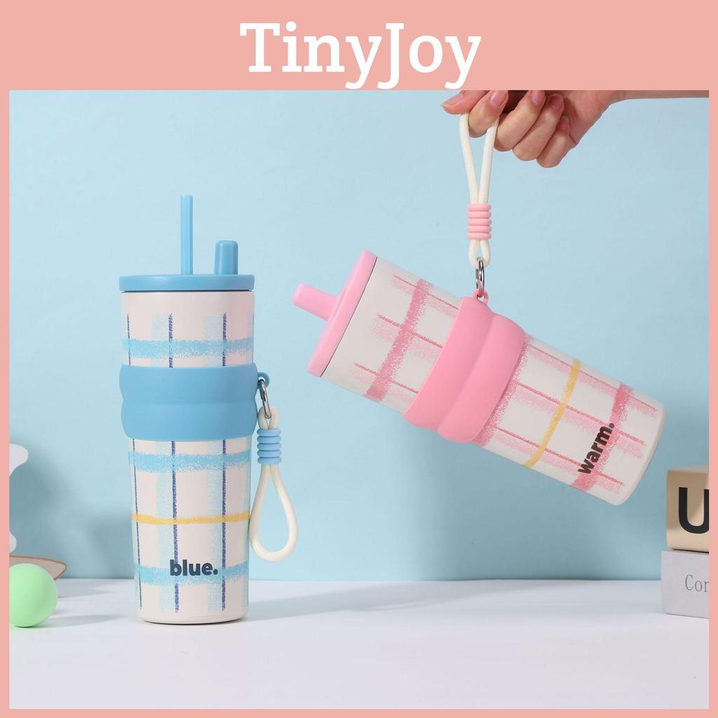 Letter Plaid Print Large Capacity Stainless Steel Insulated Cup With Straw