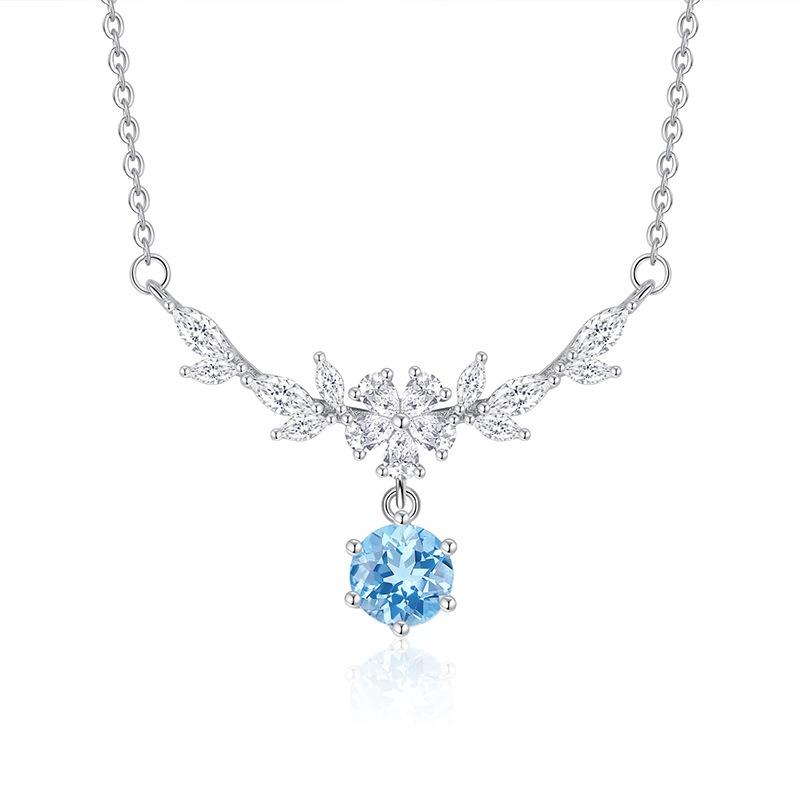 Women 925 Sterling Silver Wisteria Flower Natural Crystal Clavicle Necklace