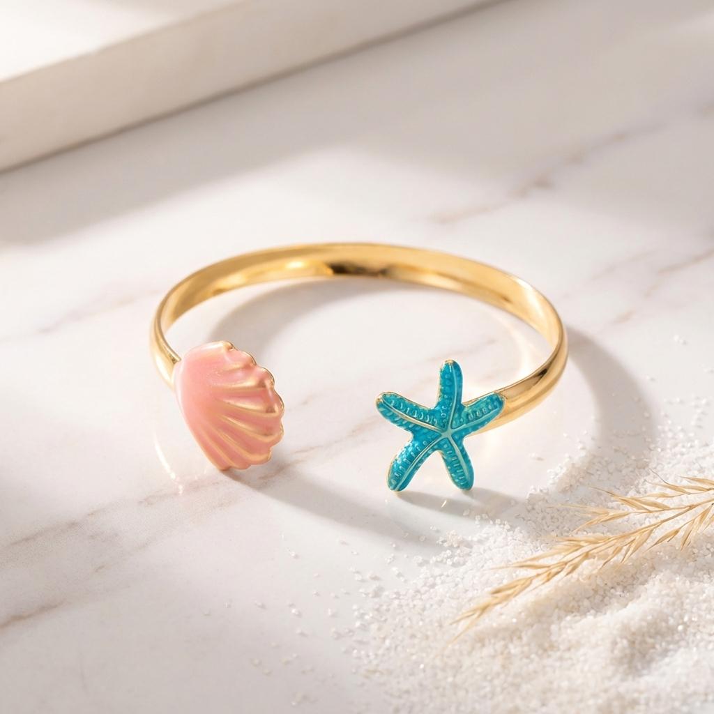 Mermaidcore Pink Scallop Shell Blue Starfish Bracelet for Women Gold Color Open Cuff Bangle Tropical Beach Vacation Jewelry