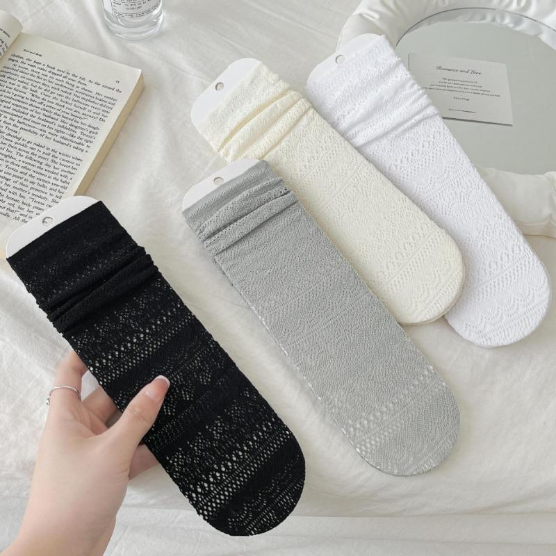 Chaussettes montantes tube ajourées en maille dentelle vague unie fine pour femmes printemps et été
