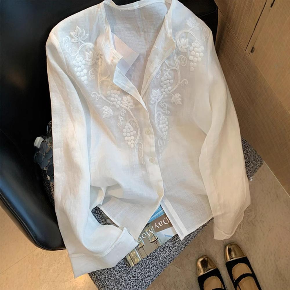Women's Long Sleeve Blouse V Neck Japanese Casual Linen Shirt Floral Embroidery Open Front Top