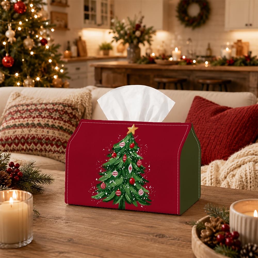 1pc Christmas Classic Festive Holiday Tissue Box with Decorated Fir Tree Star Element- Napkin Storage Organizer for Kitchen,Car,Elegant Decorative Box