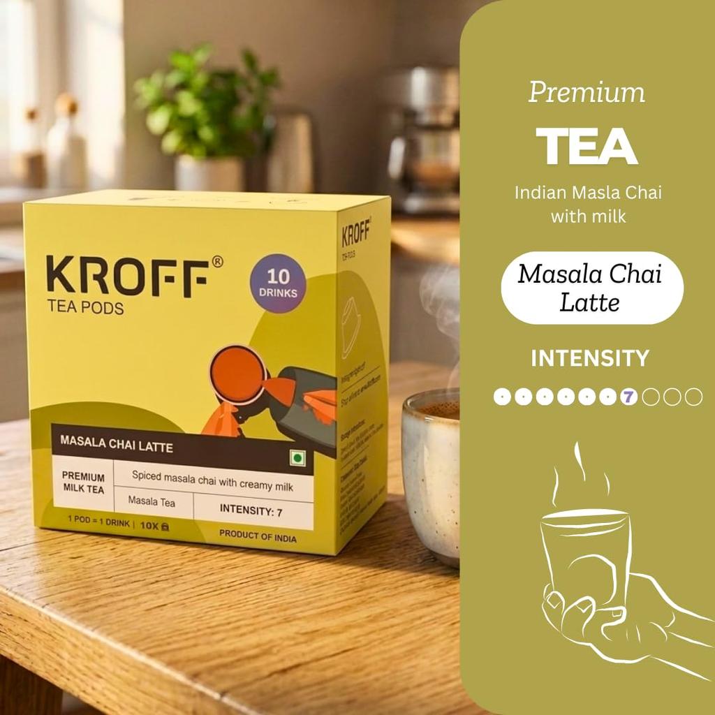 Capsule di Tè KROFF Masala Chai Latte | Compatibili Dolce Gusto | Miscela di Tè Masala Speziato con Latte Cremoso | 10 Capsule per Scatola