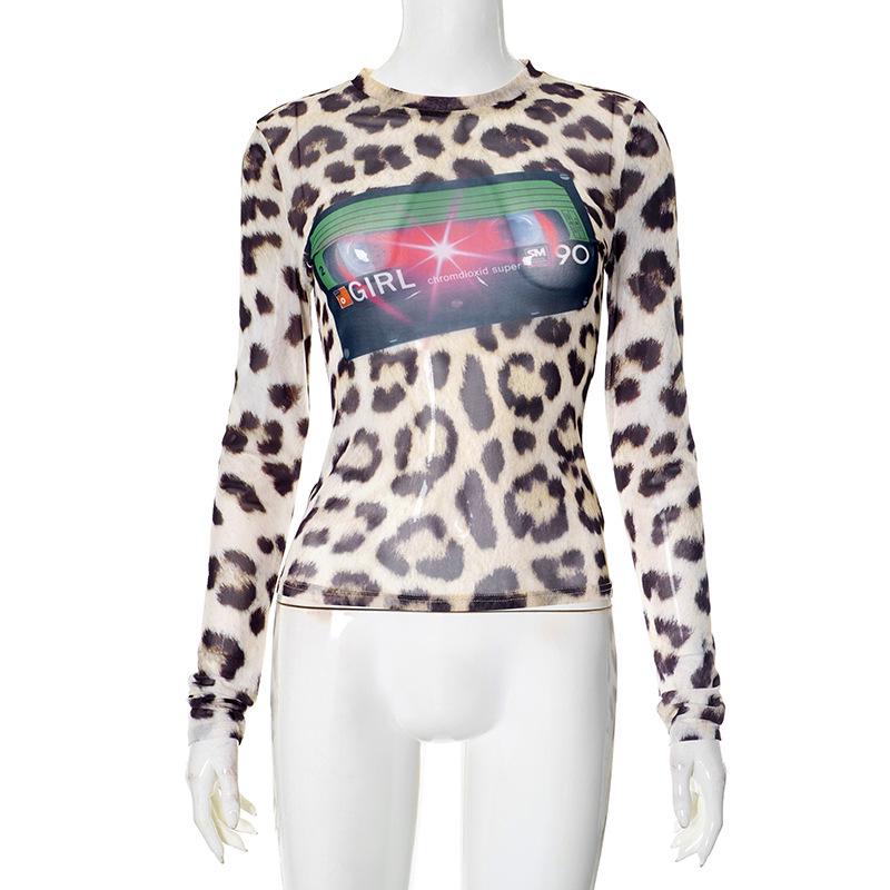 

European Summer Sexy Leopard Mesh Long Sleeve T-shirt Small леопард друку кольору