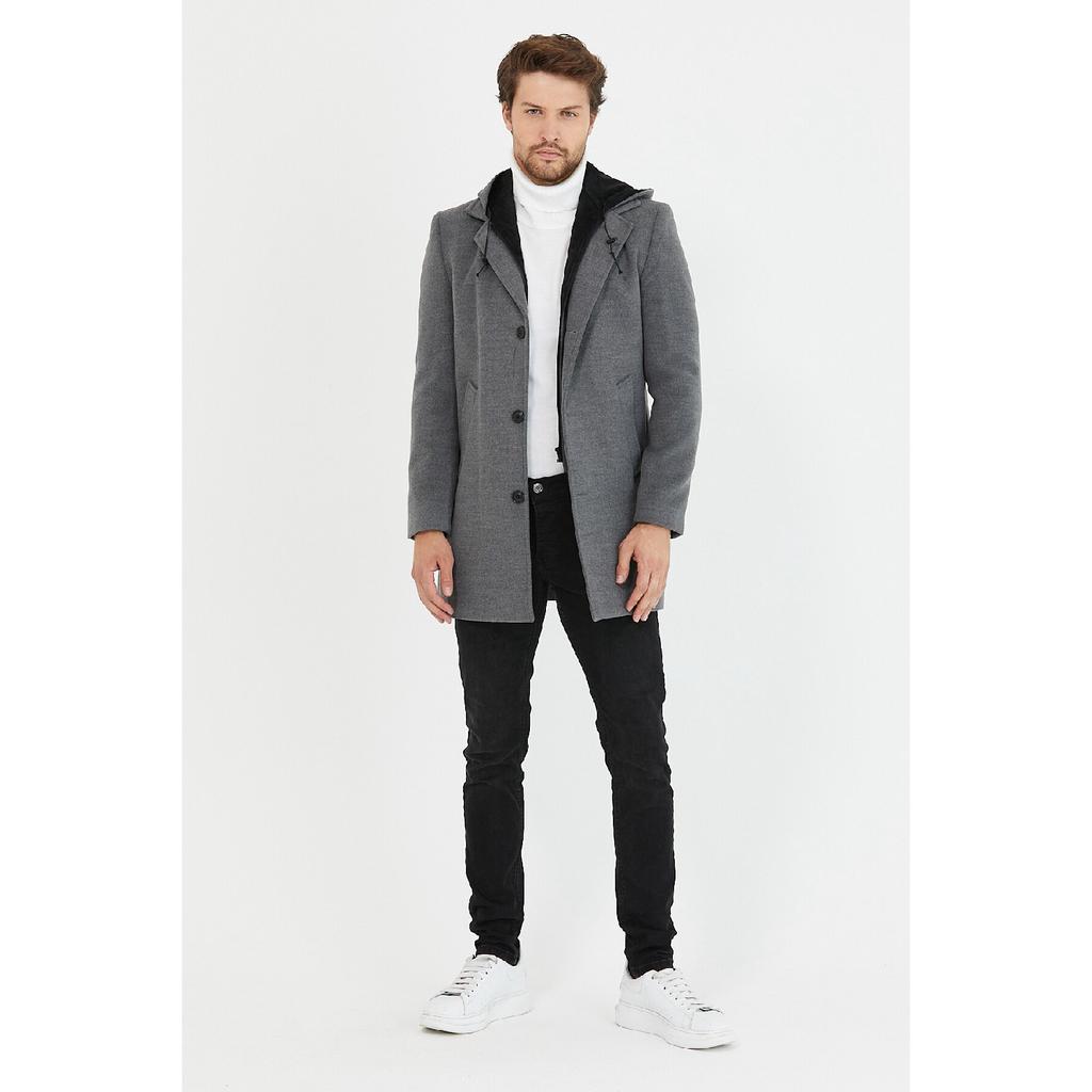 Schwarzer langer Herrenmantel aus Wollmischung und Kaschmir mit Kapuze, Reißverschluss und Knöpfen auf der Vorderseite