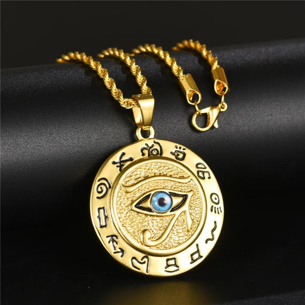 Eye of Horus Muslim Rune Pattern Round Pendant Necklace Men's Necklace Sliding Pendant Metal Necklace Amulet Accessory Jewelry