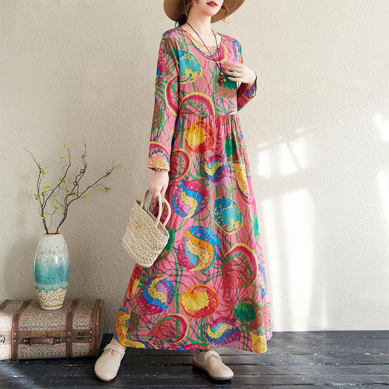 Rochie de vară cu mâneci lungi, stil floral de vacanță, stil de călătorie, guler rotund, casual, retro, cu acoperire de carne, pentru femei