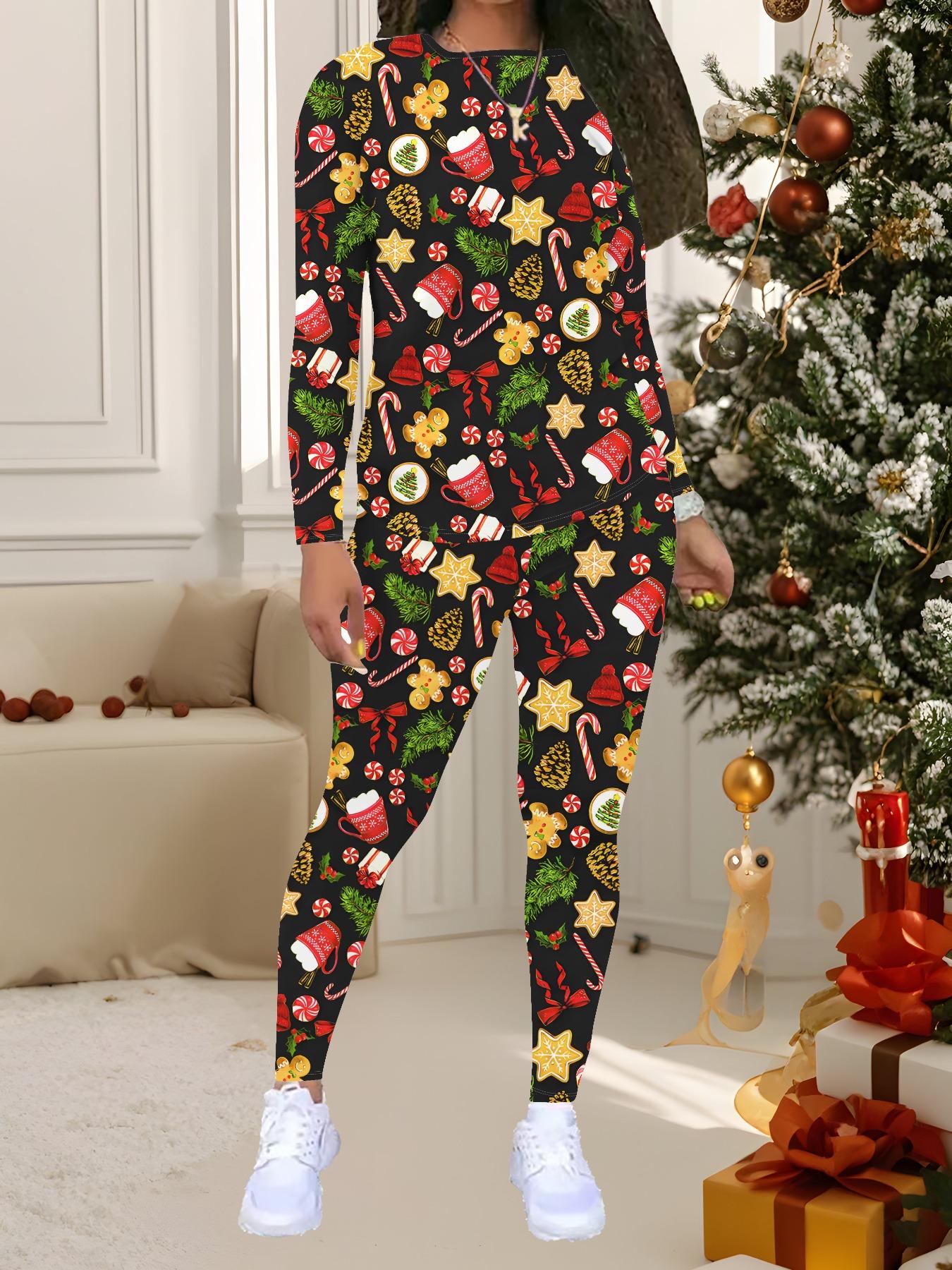 

Женский рождественский костюм-двойка с принтом: Топ с длинным рукавом и круглым вырезом и брюки, праздничный лимитированный повседневный костюм для вечеринки в подарок XXL чёрный