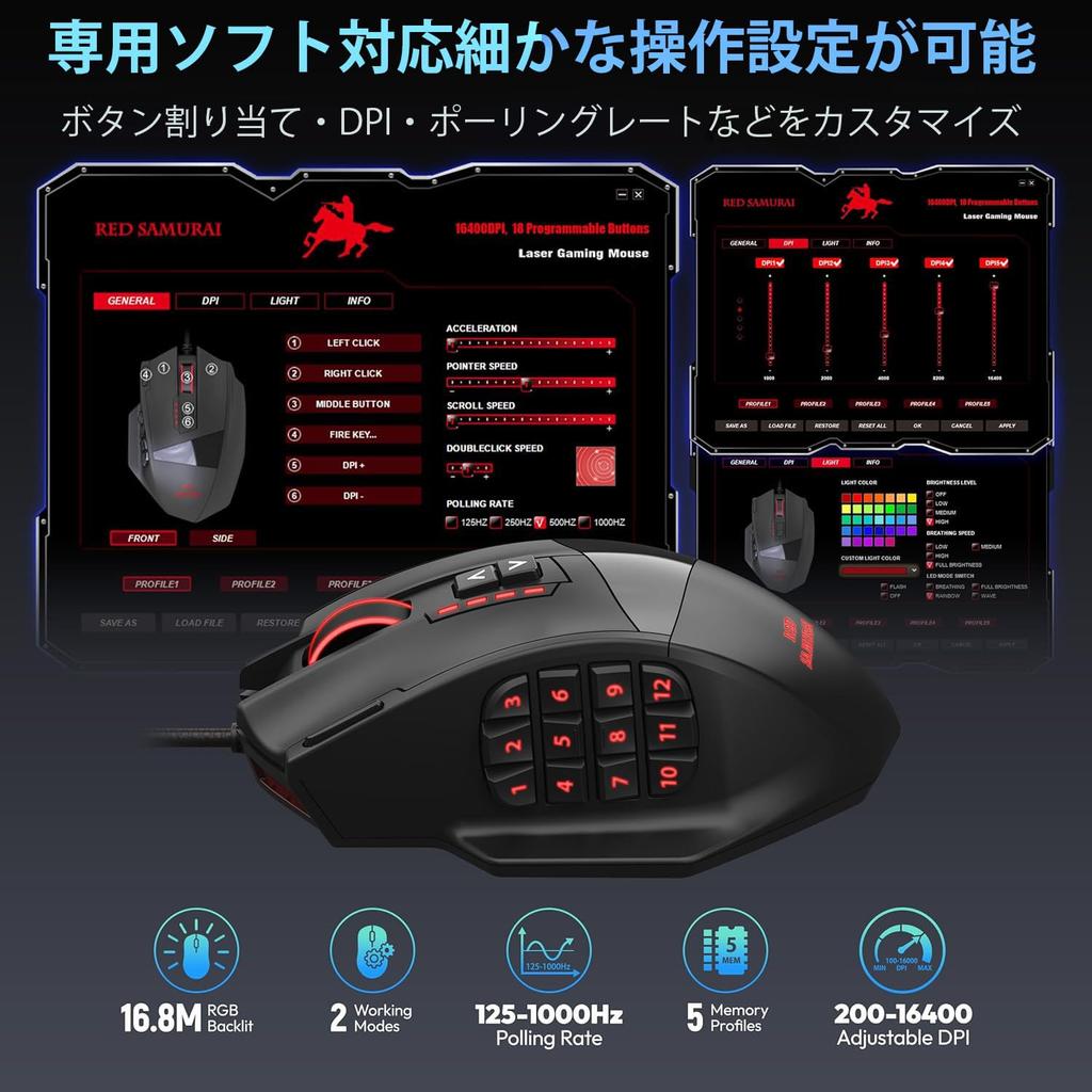 RED SAMURAI Wired Gaming Mouse, 16400dpi, 1000Hz, 18 Programmable Buttons, Side Buttons, Weight Adjustment, Stable Grip, Backlight, Customizable Progr