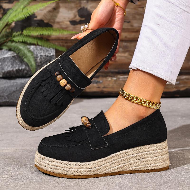 Mocassini da Donna Autunnali Comodi con Zeppa in Canapa, Decorazione Colorata con Perline Boemia, Nappine alla Moda, Scarpe Slip-On in Suede